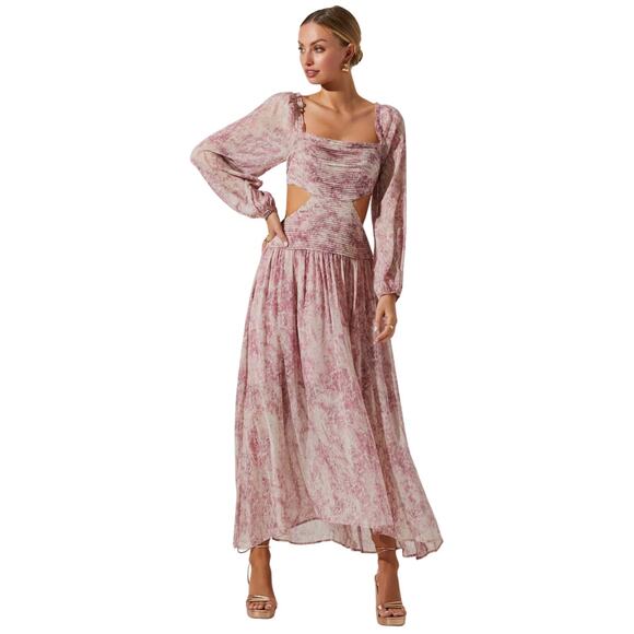 Astr Dress Womens XL Amadora Maxi Abstract Floral Pleated Cut Out Puff Sleeve - Picture 1 of 13